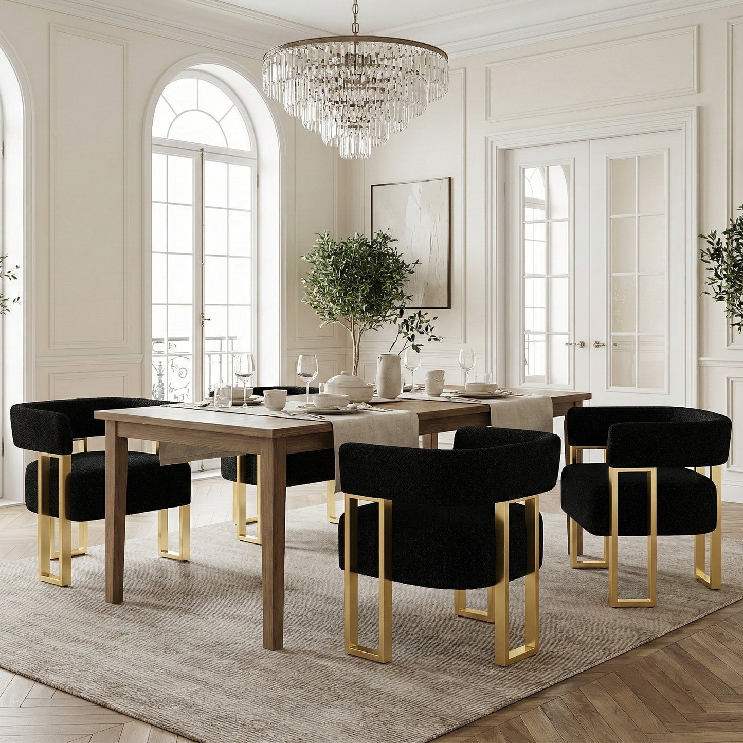 STHOUYN Modern Black Boucle Dining Chairs Set of 4 with Gold Metal Legs, Mid Century Barrel Kitchen Chairs Set, Upholstered Accent Armchairs Dining Room Set, Living Room, Apartment (Black, 4pcs)