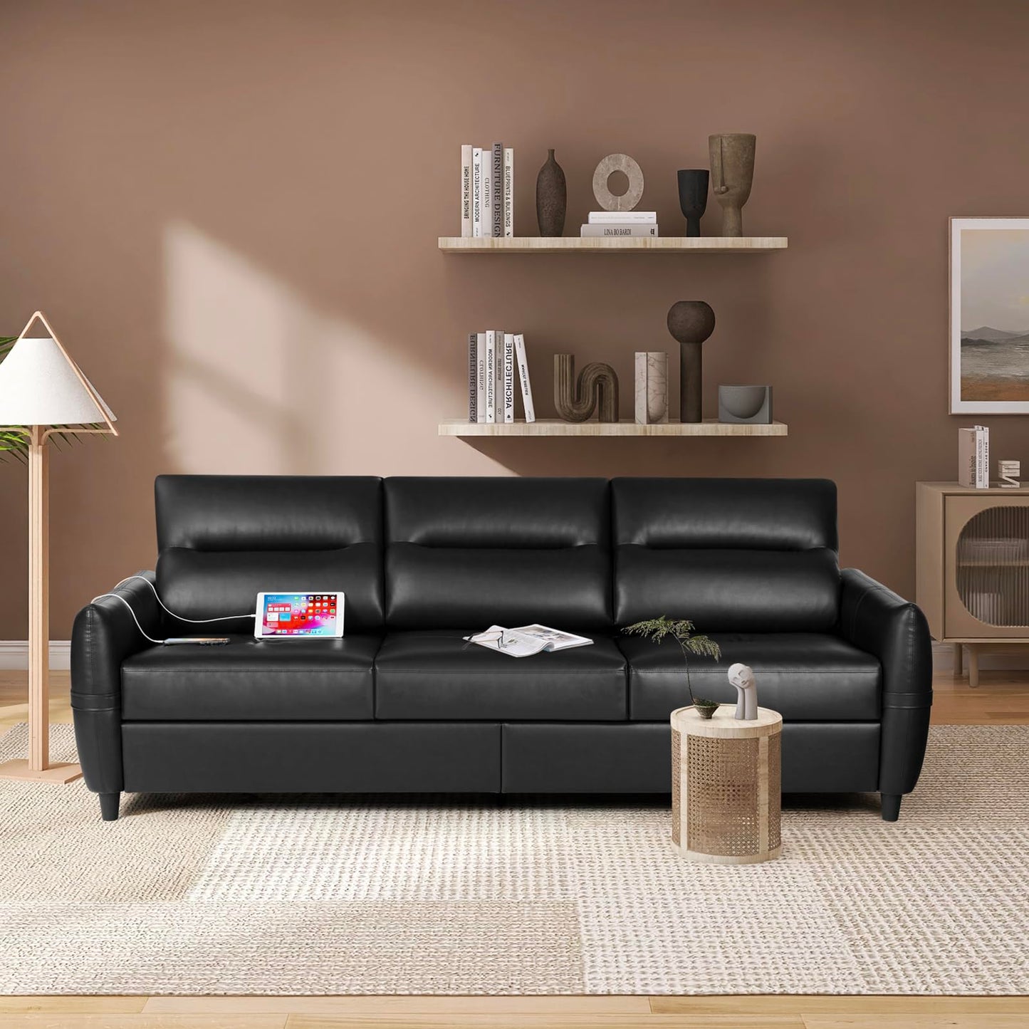 85'' Black Faux Leather 3-Seater Couch with USB, Large Living Room Sofa | STHOUYN, Mid-Century Modern, Comfy Seating, Office, Apartment, Bedroom, Wide Arms