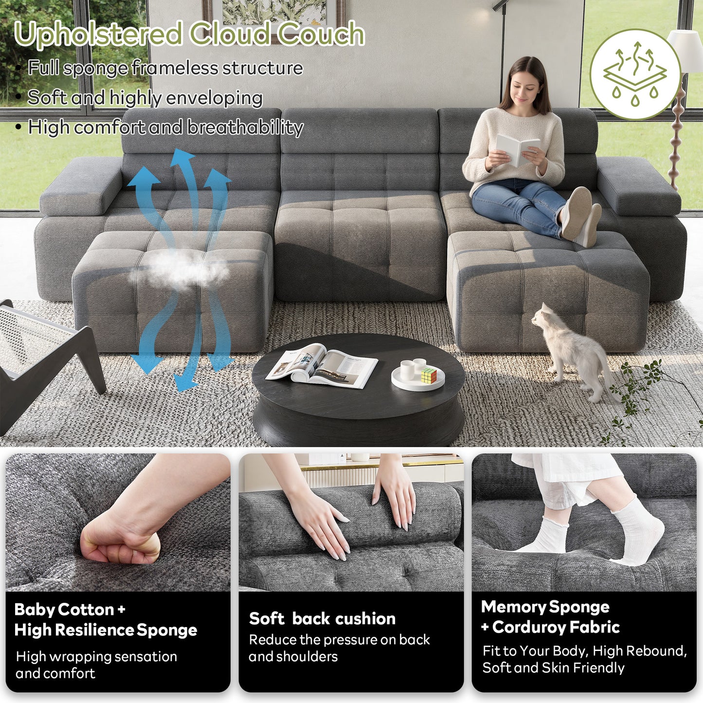 STHOUYN 134" Modular Cloud Sofa Sectional U Couch with Ottoman & Higher Backrest, Modern Boneless Couches for Living Room Set Corner Sofa (Grey, 134 Inches)