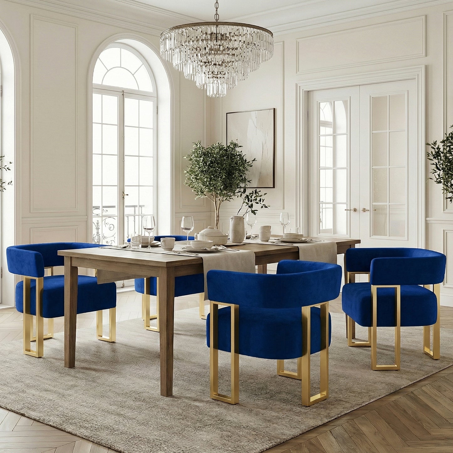 STHOUYN Modern Blue Velvet Dining Chairs Set of 4 with Gold Metal Legs, Mid Century Barrel Kitchen Chairs Set, Upholstered Accent Armchairs Dining Room Table Set, Living Room, Apartment (Blue, 4pcs)