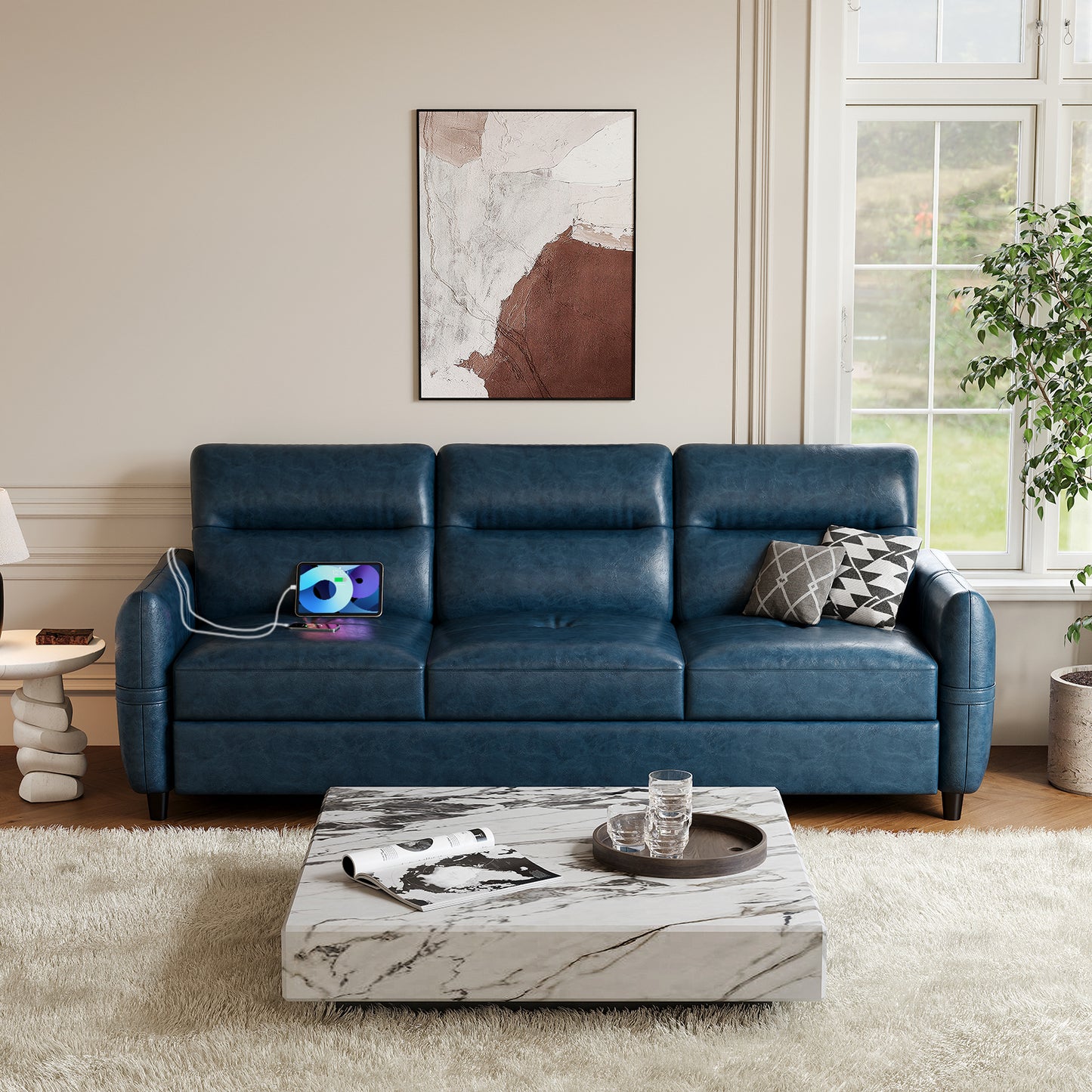 STHOUYN 85” Blue Faux Leather Couch with USB, 3 Seater Couch for Living Room, Large Mid Century Modern Office Sofa for Apartment, Bedroom