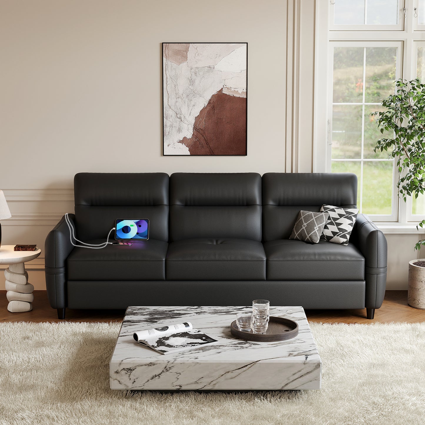 STHOUYN 85” Black Faux Leather Couch with USB, 3 Seater Couch for Living Room, Large Mid Century Modern Office Sofa for Apartment, Bedroom