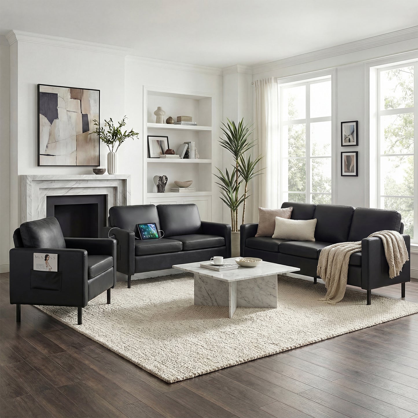 Modern 3-Piece Living Room Set, 56" Faux Leather Couch Set with USB Ports, Office Couch and Chairs for Small Space, Apartment Sofa and Loveseat Set (Black, 2 Chairs + 1 Loveseat)