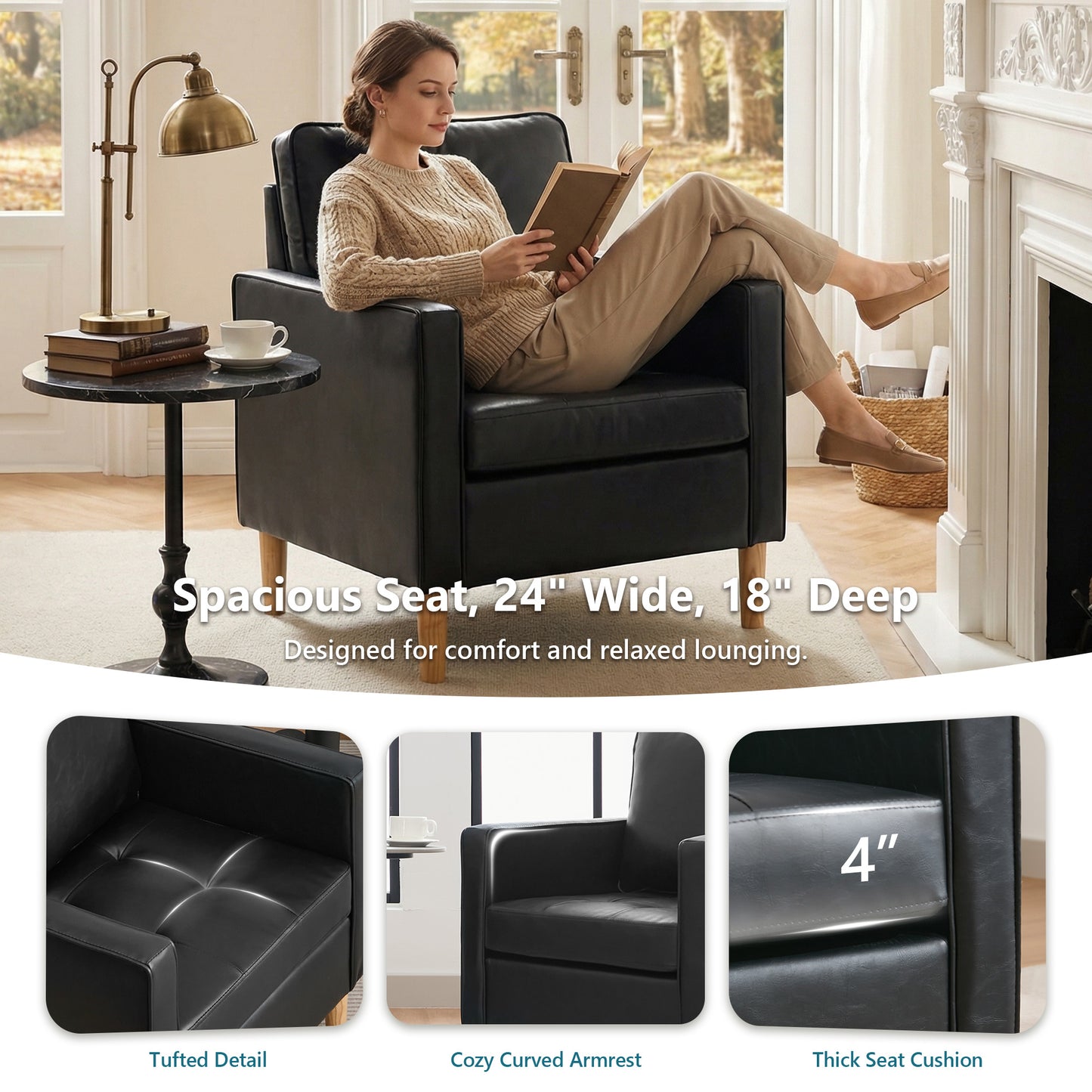 STHOUYN Comfy Reading Accent Chair for Living Room, Black Leather Oversized Accent Lobby Chairs, Office Waiting Room Chairs with Arms, Club Chairs (Black, 1PC)