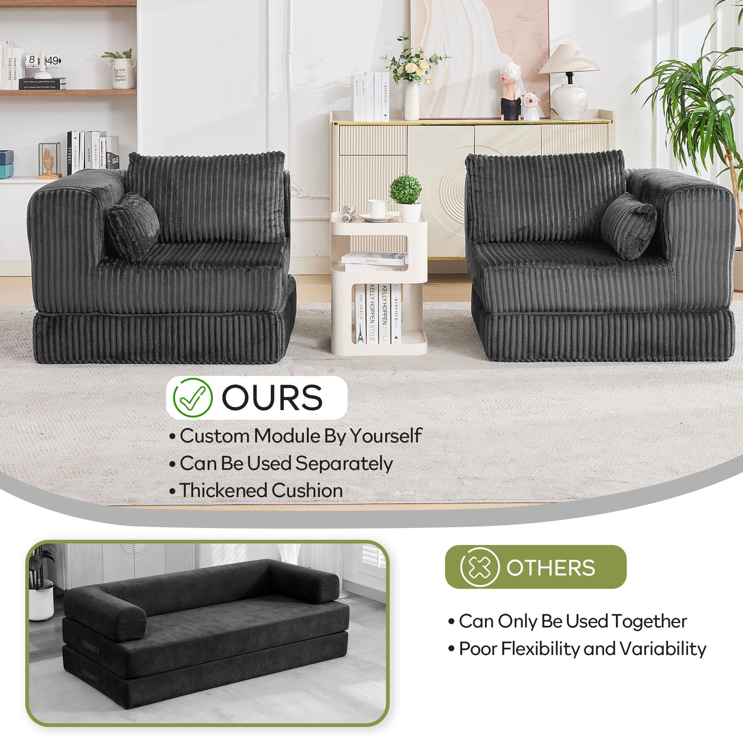 STHOUYN 79" Corduroy Folding Convertible Sleeper Sofa Bed Queen, Grey Pull Out Floor Modular Couch with Pillow, Memory Foam Boneless Couchs Sectional for Living Room Bedroom (2, Grey)