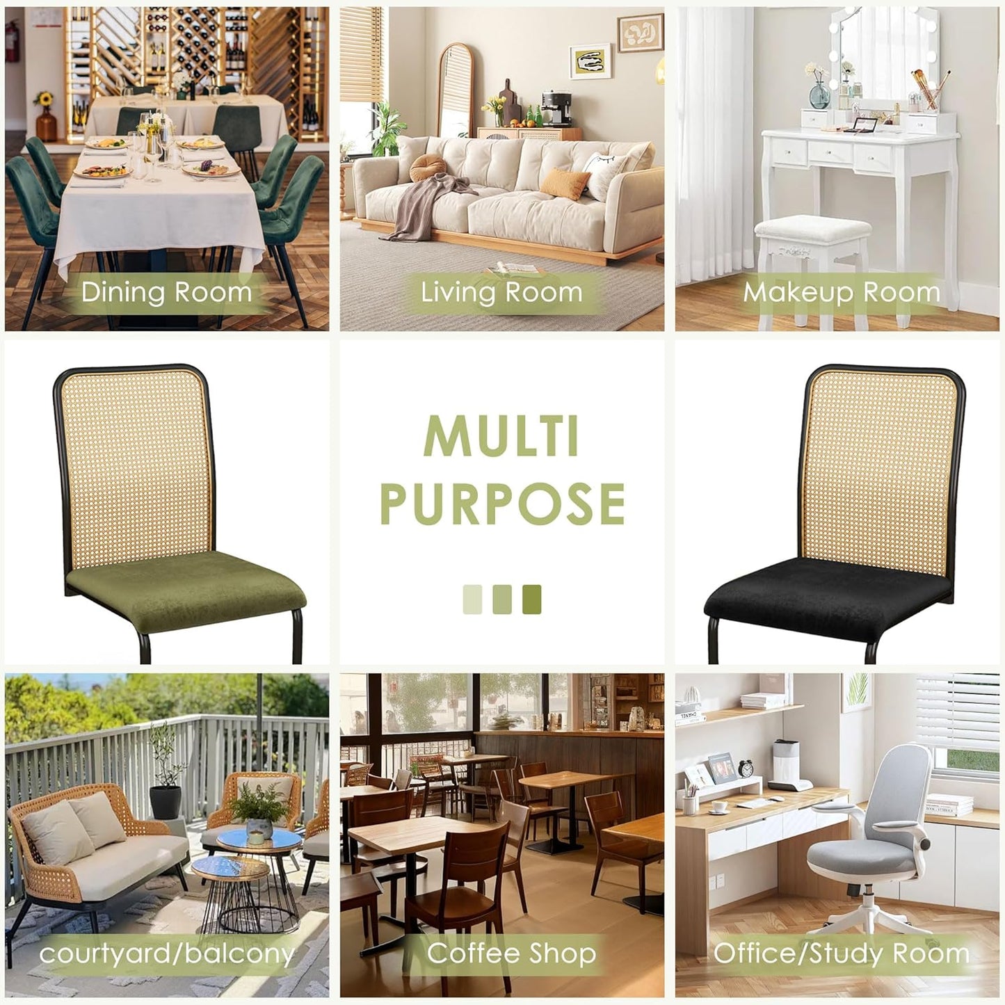 STHOUYN Velvet Rattan Dining Chairs Set of 4, Mid Century Modern Dining Chairs Set of 4, Black Kitchen Chairs Dining Room Chair with Metal Legs & Cane Back