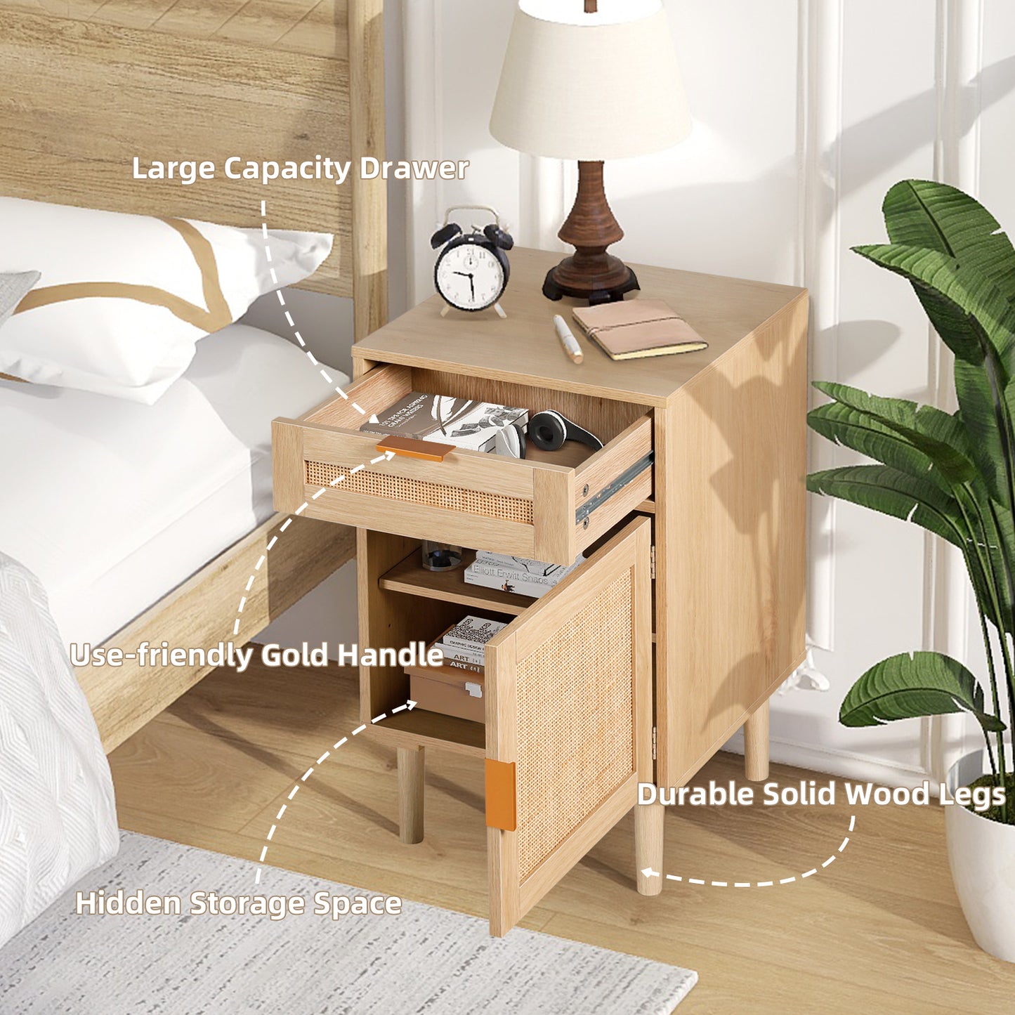 STHOUYN Rattan Nightstand Set of 2 with Drawers, Boho Night Stands Bed Side Tables Bedroom Set of 2, Oak Rattan Nightstands Small Space (Natural Rattan)
