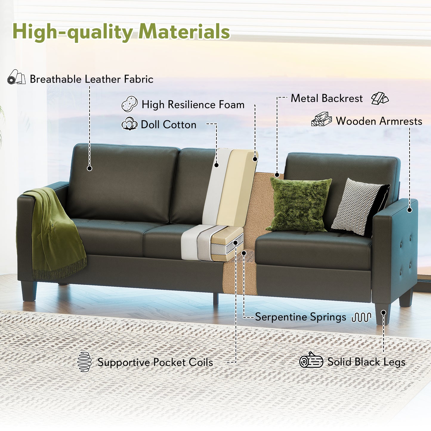 STHOUYN 73” Black Faux Leather Couch, Modern Comfy Office 3 Seater Sofa Couch with Tufted Armrest and USB, Small Love Seat Couches for Living Room, Apartment, Bedroom
