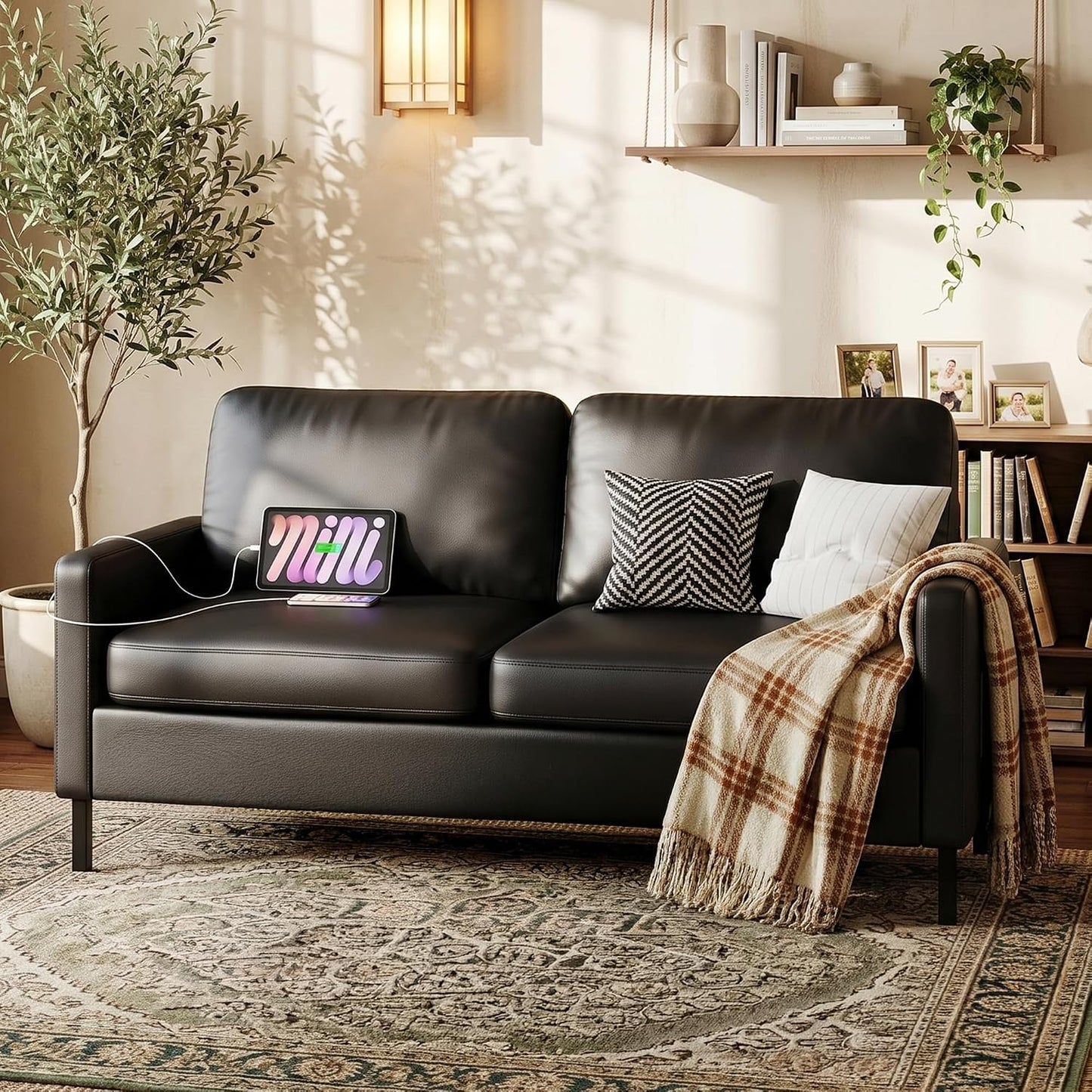 STHOUYN  56'' Black Faux Leather Loveseat Small Couch with USB for Living Room Sofa, 2 USB Charging Ports, Side Pockets, Love Seat, Small Sofa, Modern Design, Bedroom, Apartment, Dorm, Compact Spaces