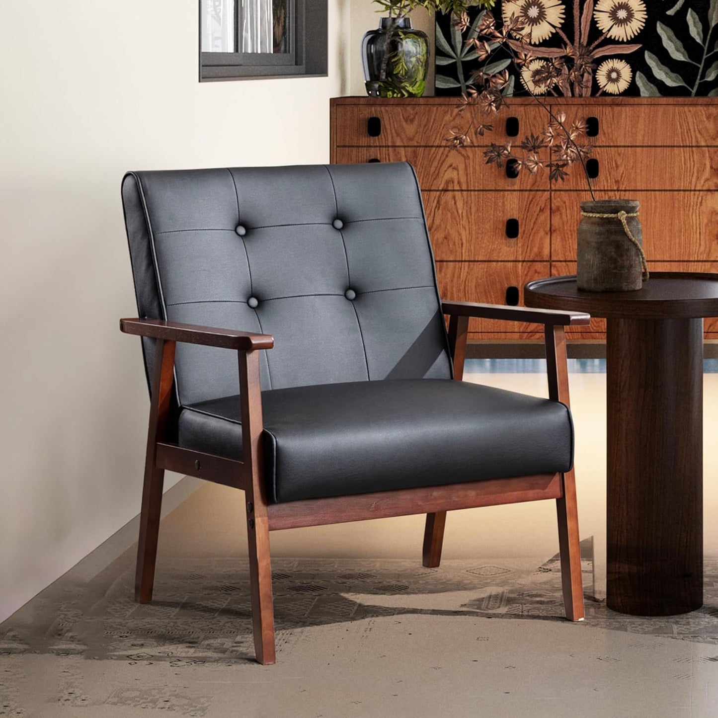 Upholstered Accent Chair, Black Leather Arm Chair with Wood Frame | Comfy Reading Chair, Mid-Century Modern, Living Room, Waiting Room, Office