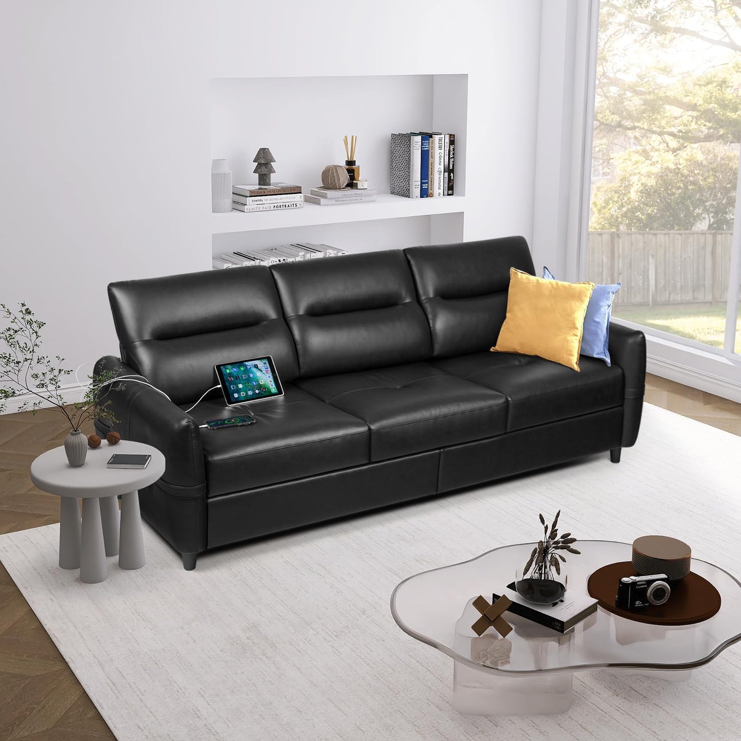 85'' Black Faux Leather 3-Seater Couch with USB, Large Living Room Sofa | STHOUYN, Mid-Century Modern, Comfy Seating, Office, Apartment, Bedroom, Wide Arms