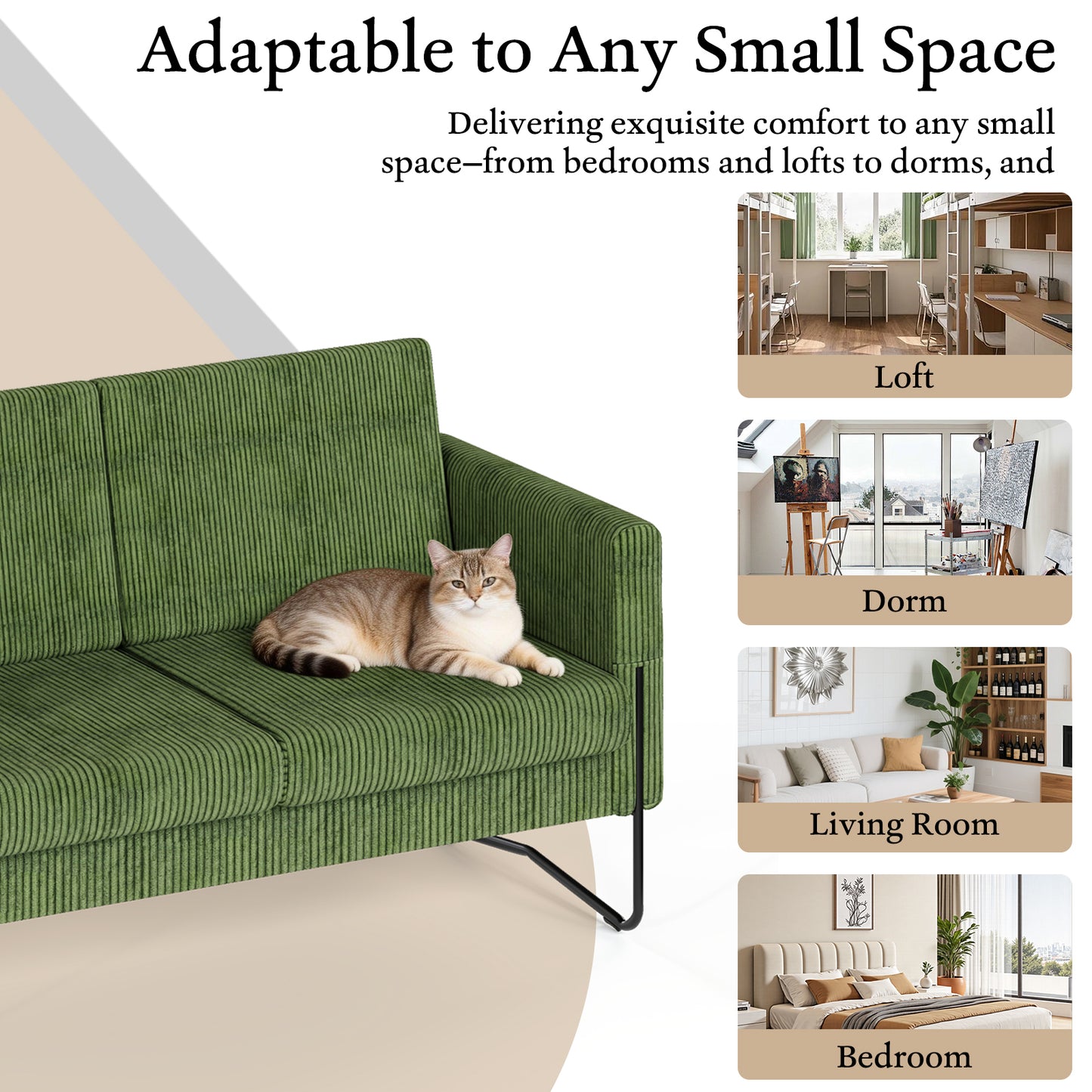 STHOUYN Small Green Couch for Living Room, Bedroom, Corduroy Loveseat Sofa Couch for Small Space, Mini Love Seat Couch, 2 Seater Office Couch with USB Ports & Side Pockets