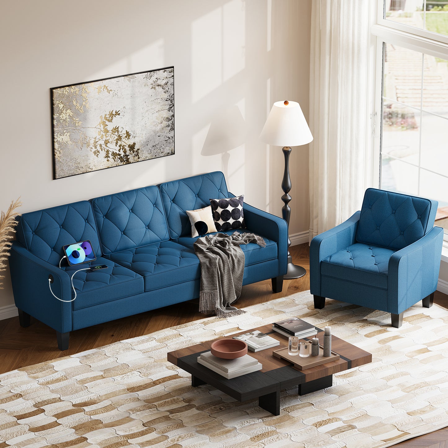 STHOUYN 83” Blue Sofas & Couches, Small 3-Seater Sofa for Living Room, Apartment Size Couch, Comfy Mini Couch Living Space Couch Tufted Design, Office, or Waiting Area (Blue)