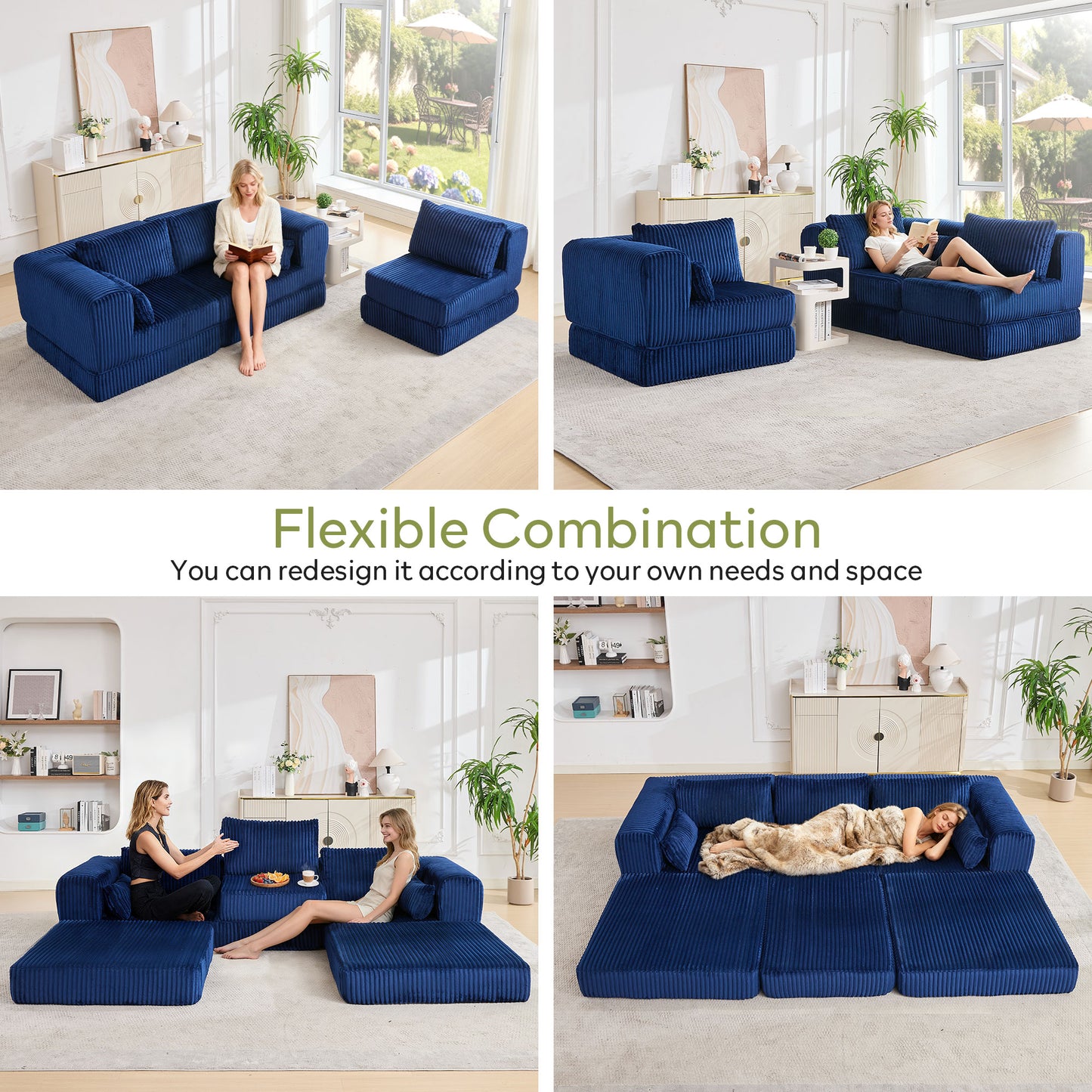 STHOUYN 106" Corduroy Folding Convertible Sleeper Sofa Bed, Blue Pull Out Floor Modular Couch with Pillow, Memory Foam Boneless Couchs Sectional for Living Room Bedroom (3, Navy Blue)