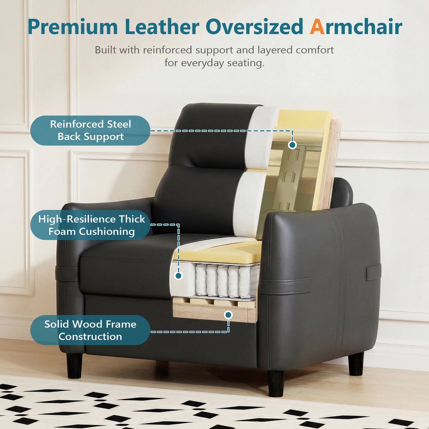 STHOUYN Oversized Leather Accent Chairs for Living Room, Comfy Upholstered Deep Seat Armchair for Adults, Mid Century Modern Arm Chair for Office, Bedroom, Apartment, Reading & Waiting Room (1, Black)