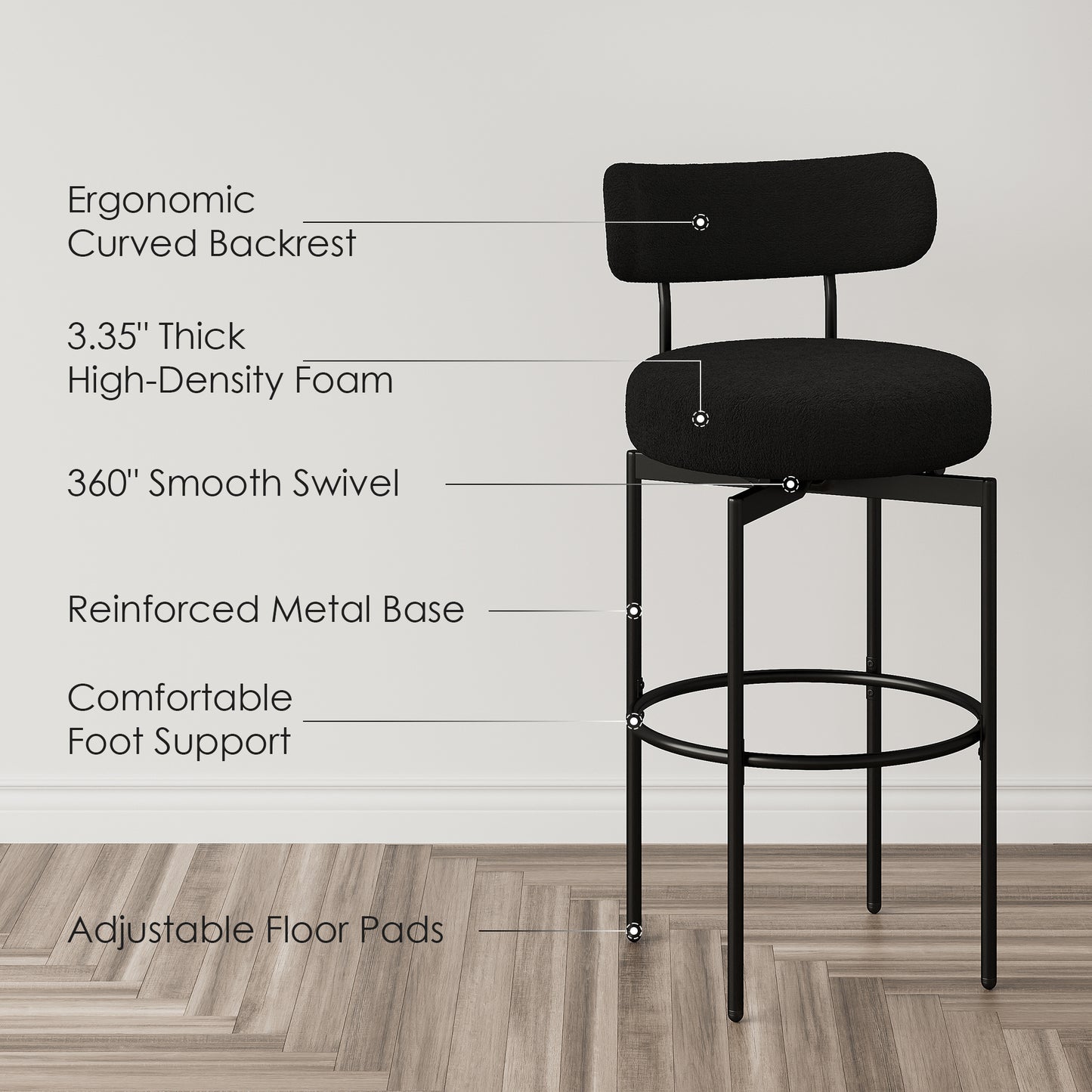 STHOUYN Counter Height Bar Stools Set of 2, Black Swivel Bar Stools with Back, Modren Kitchen Island Chairs (1, Black)