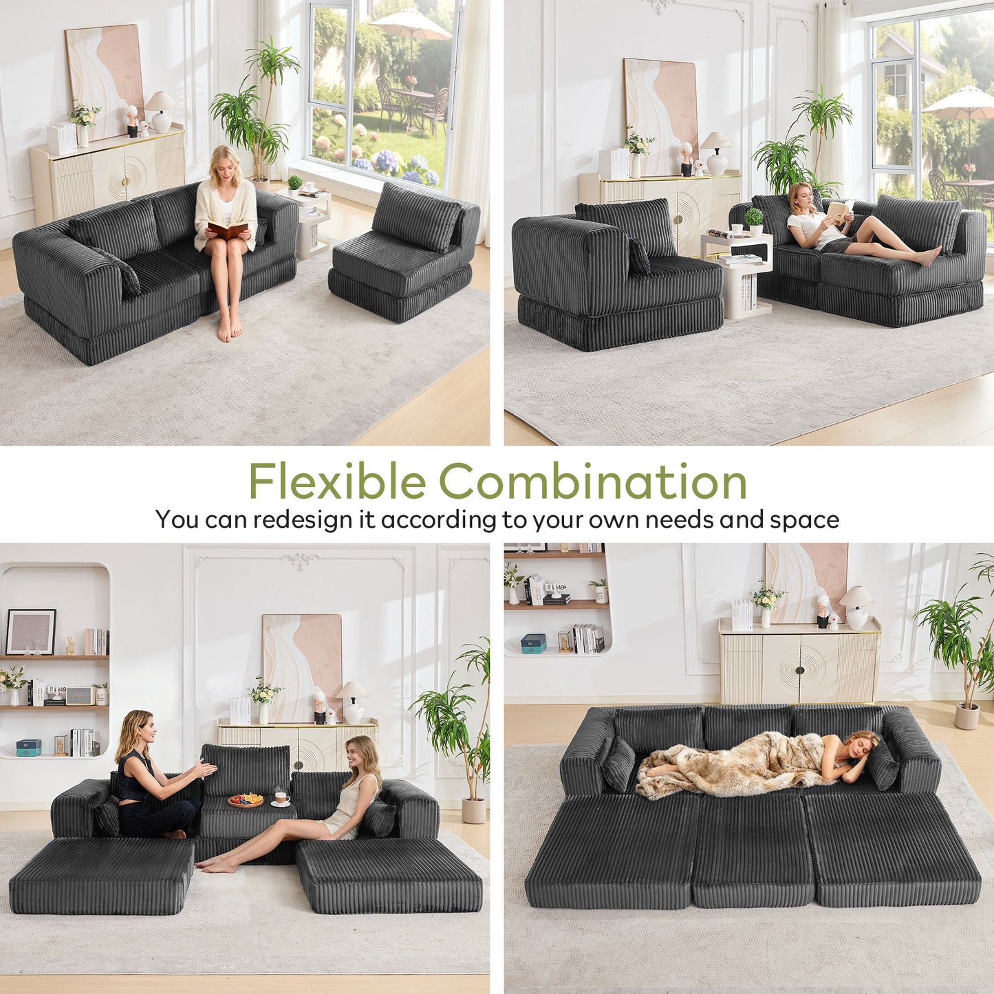 STHOUYN 106" Corduroy Folding Convertible Sleeper Sofa Bed, Grey Pull Out Floor Modular Couch with Pillow, Memory Foam Boneless Couchs Sectional for Living Room Bedroom (3, Grey)