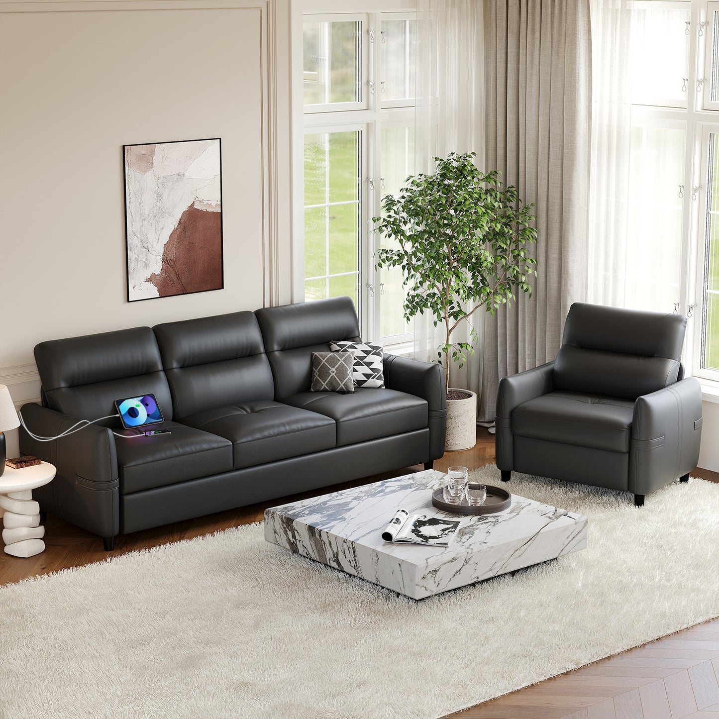 STHOUYN 85” Black Leather Couch w/Chairs, Comfy Leather Couch w/USB Charge, 2 Pieces Furniture Sets for Living Room, Apartment, Office