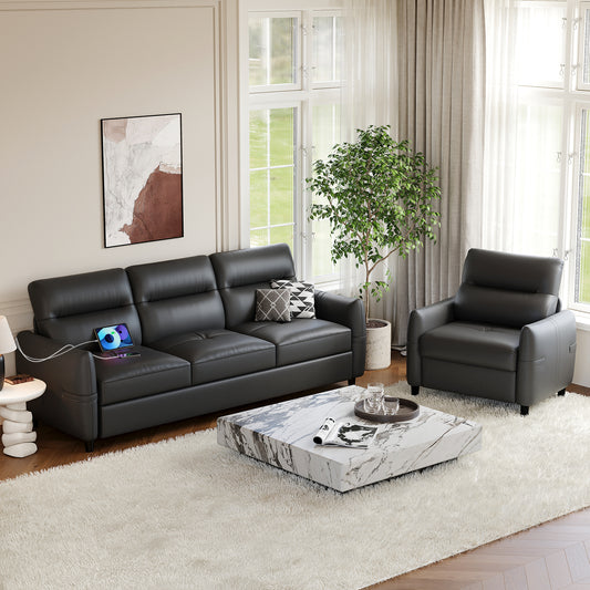 STHOUYN 85” Black Leather Couch w/Chairs, Comfy Leather Couch w/USB Charge, 2 Pieces Furniture Sets for Living Room, Apartment, Office