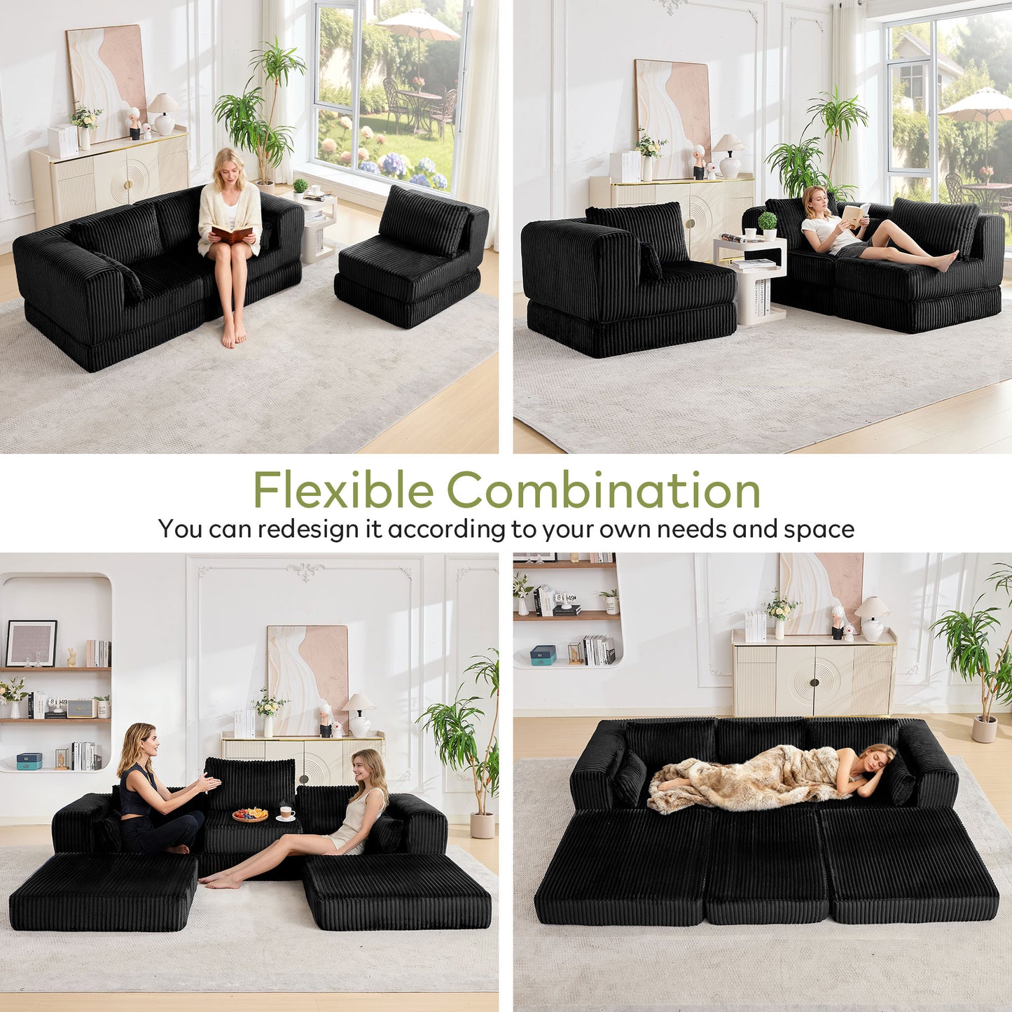 STHOUYN 106" Corduroy Folding Convertible Sleeper Sofa Bed, Black Pull Out Floor Modular Couch with Pillow, Memory Foam Boneless Couchs Sectional for Living Room Bedroom (3, Black)