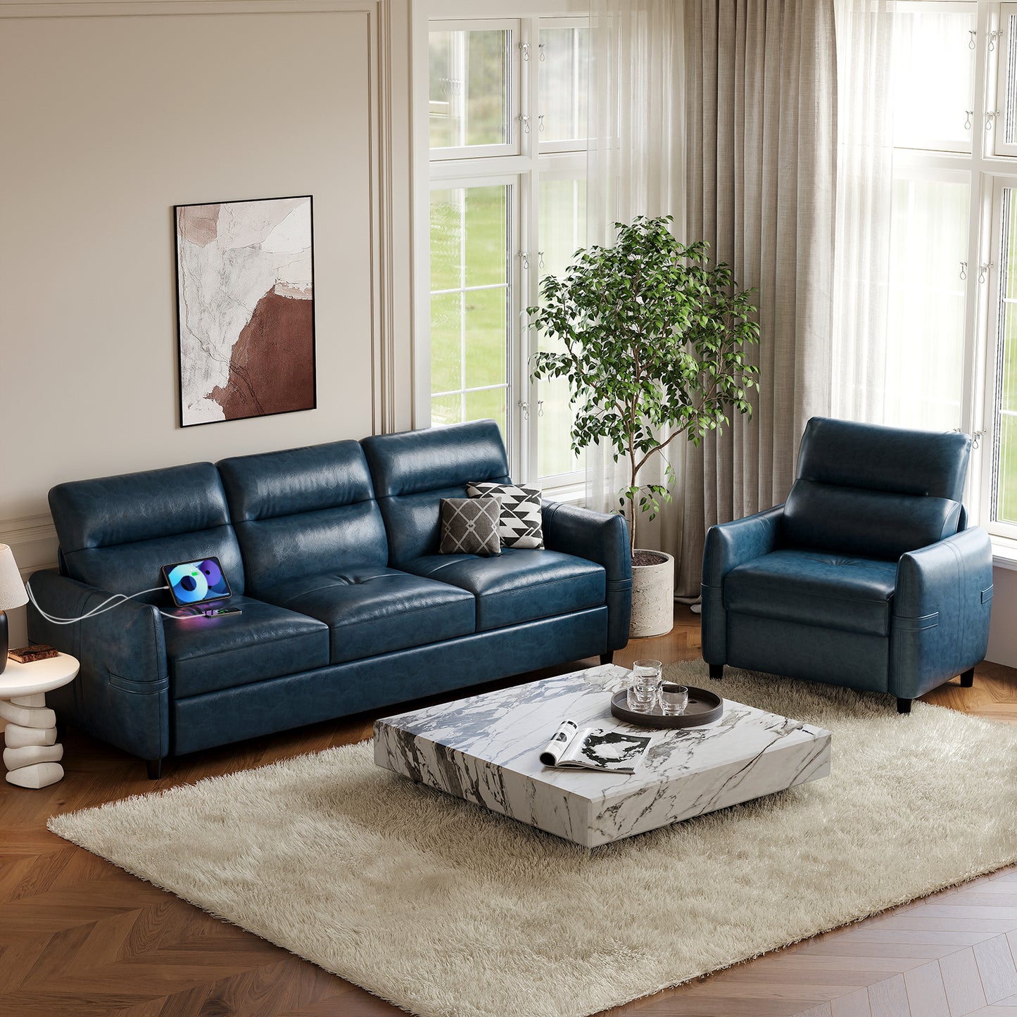 STHOUYN 85” Blue Faux Leather Couch with USB, 3 Seater Couch for Living Room, Large Mid Century Modern Office Sofa for Apartment, Bedroom