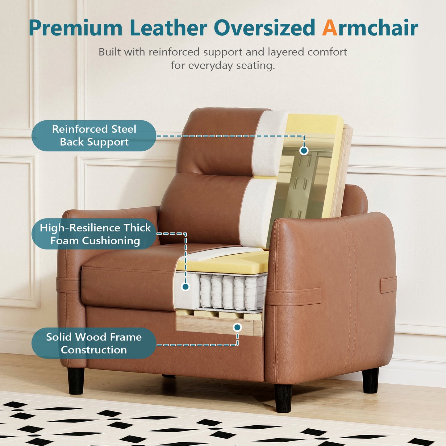 STHOUYN Oversized Leather Accent Chairs for Living Room, Comfy Upholstered Deep Seat Armchair for Adults, Mid Century Modern Arm Chair for Office, Bedroom, Apartment, Reading & Waiting Room (2, Brown)