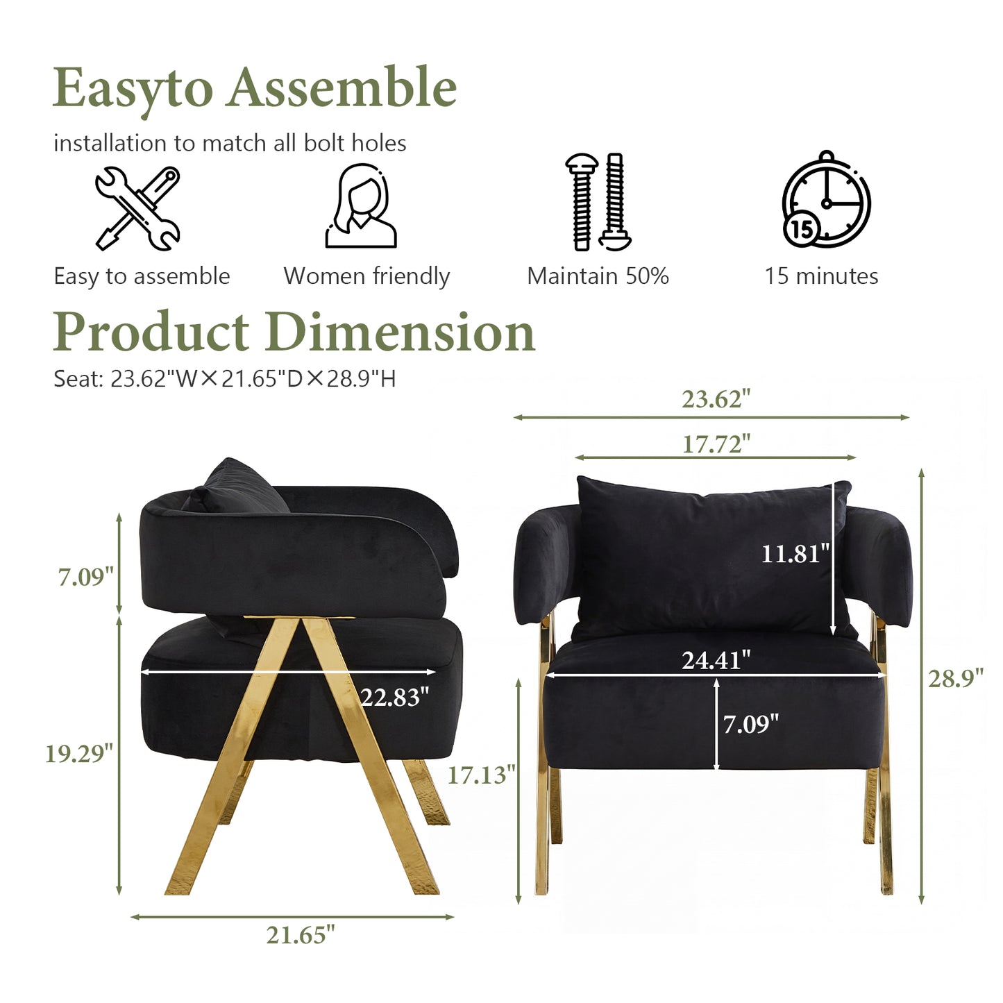 STHOUYN Modern Black Dining Chairs Set of 4 for Kitchen, Velvet Upholstered Kitchen Chairs for Dinning Room, Barrel Chairs for Dining Table with Golden Metal Legs (Black, 4 PCS)