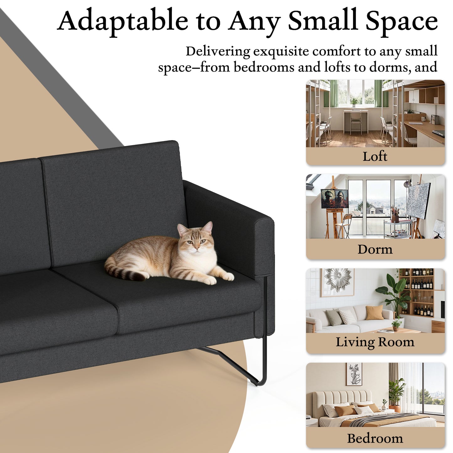 STHOUYN Small Black Love Seat Couches with USB Port & Side Pocket, Small Loveseat for Small Spaces, Mini Sofa for Bedroom, 2 Seater Office Couch (Black)