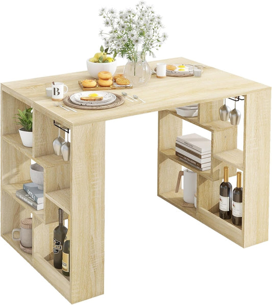 Coewske Wooden Dining Table Small Rectangle Kitchen Table w/ Storage Shelf Rustic Oak