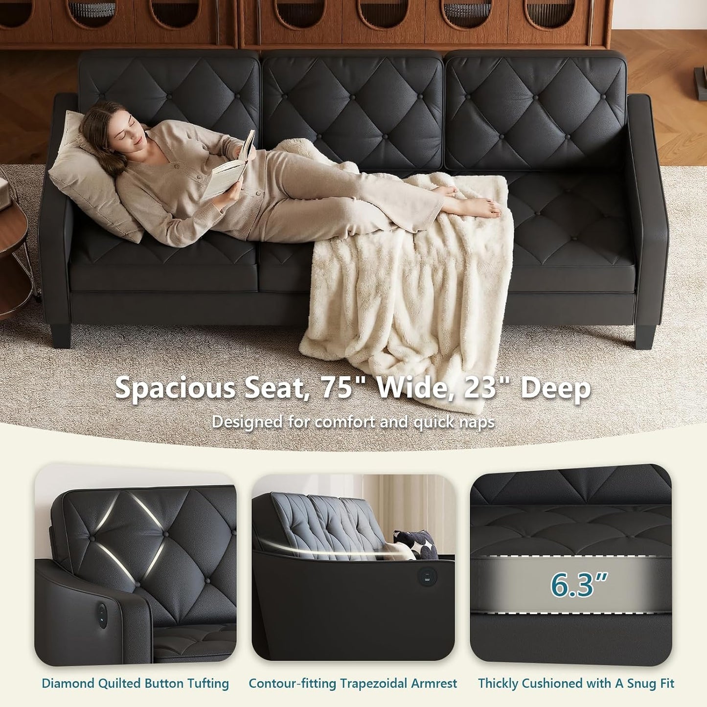 3-Piece Black Leather Sofa Living Room Set with USB Ports, Diamond Tufted
