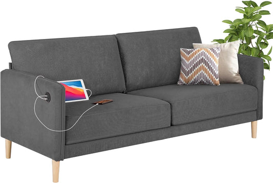 Coewske 77'' W Upholstered Corduroy Fabric Sofa Comfy Loveseat Couch with USB Charger Ports Gray