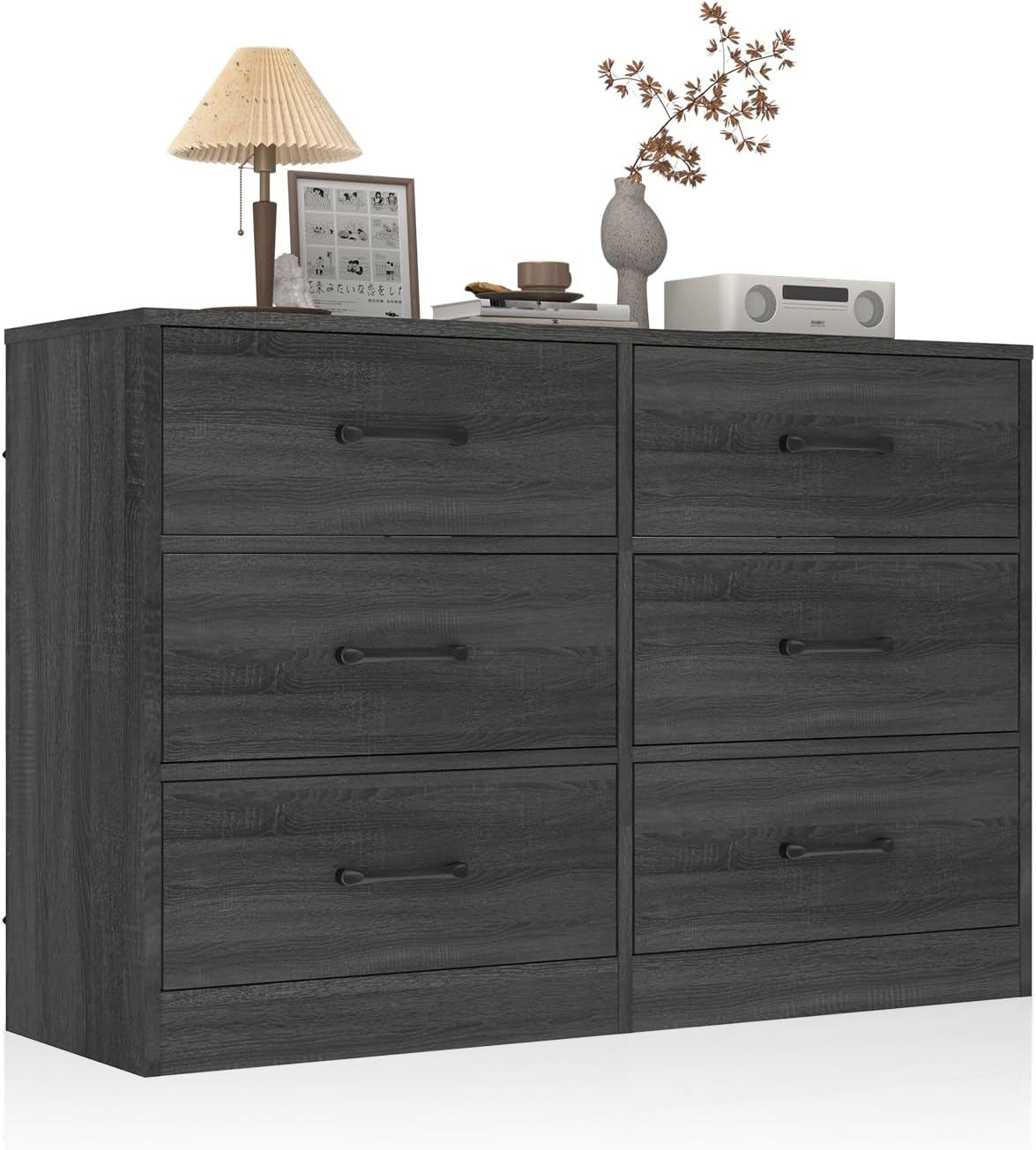 Coewske 6 Drawer Dresser 40'' Wood Dresser Chests of Drawers for Bedroom w/ Fabric Drawers Black