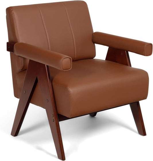 Coewske Modern Comfy Accent Chair Leather Comfy Leisure Arm Chair w/ Wood Frame Home Office Brown