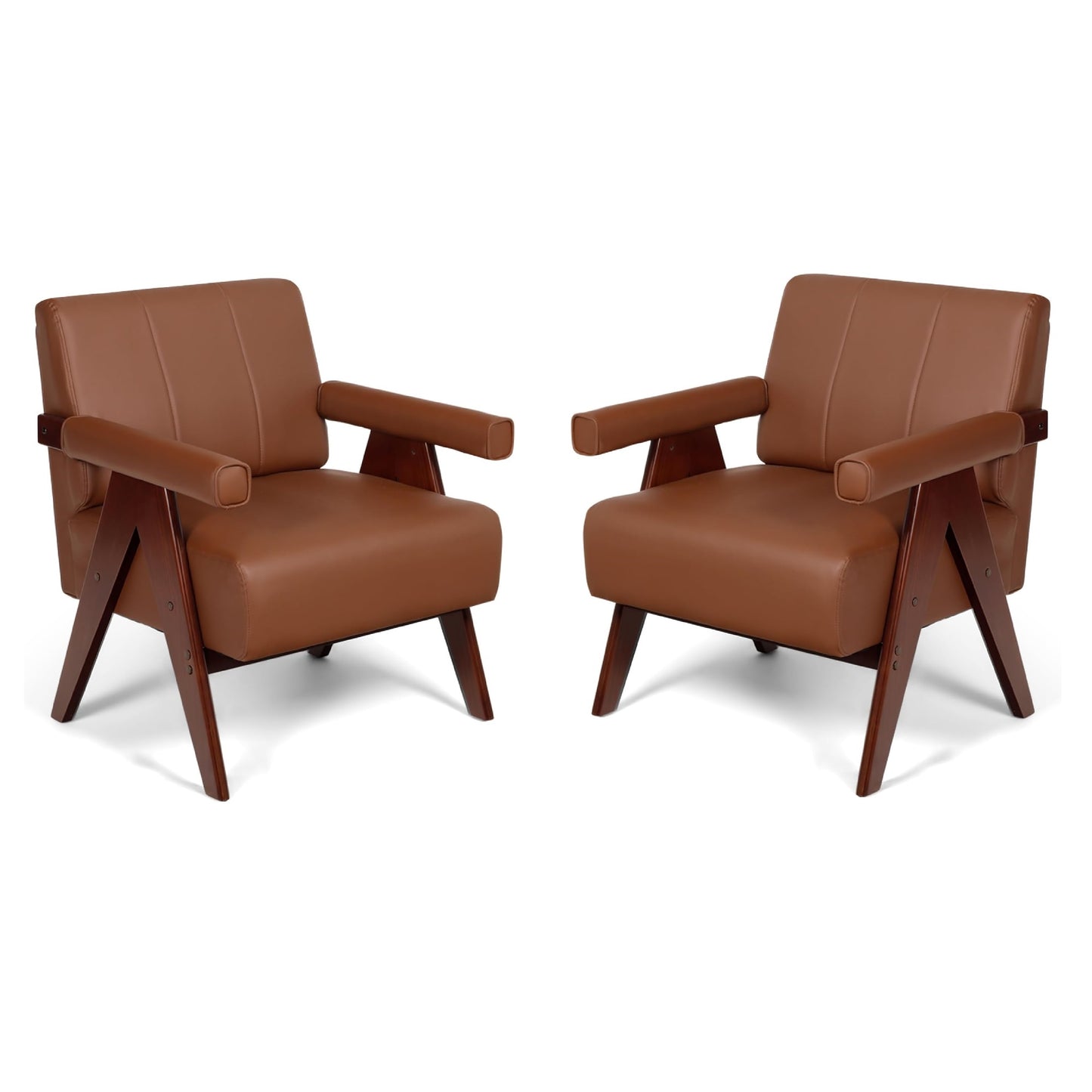Coewske 2PCS Modern Comfy Accent Chair Leather Comfy Leisure Arm Chair w/ Wood Frame Home Office Brown