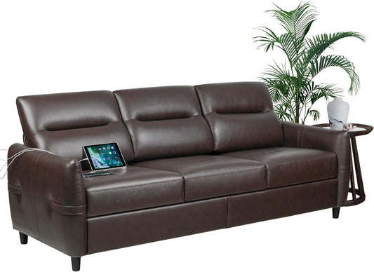 Coewske 85''W 3-Seater Modern Leather Sofa Couch Living Room Office w/ USB Ports Brown