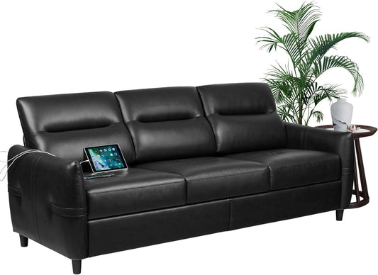 Coewske 85''W 3-Seater Modern Leather Sofa Couch Living Room Office w/ USB Ports Black