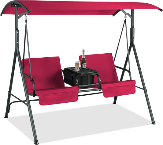 Coewske Cushioned Patio Porch Swing Chair Glider w/ Cooler Bag & Adjustable Canopy Wine Red