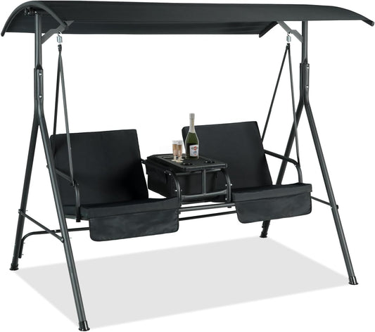 Coewske Cushioned Patio Porch Swing Chair Glider w/ Cooler Bag & Adjustable Canopy Black