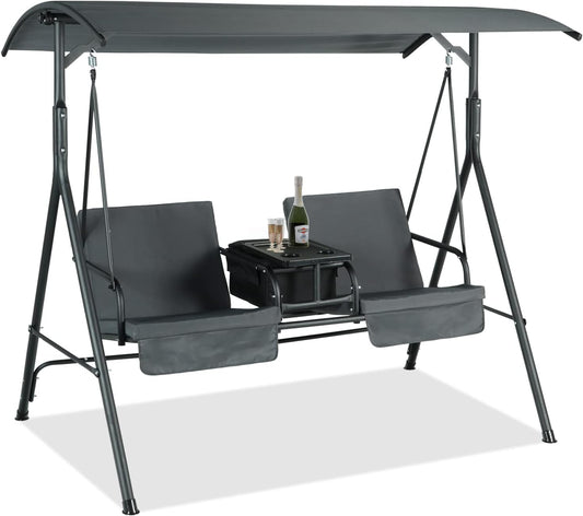 Coewske Cushioned Patio Porch Swing Chair Glider w/ Cooler Bag & Adjustable Canopy Gray