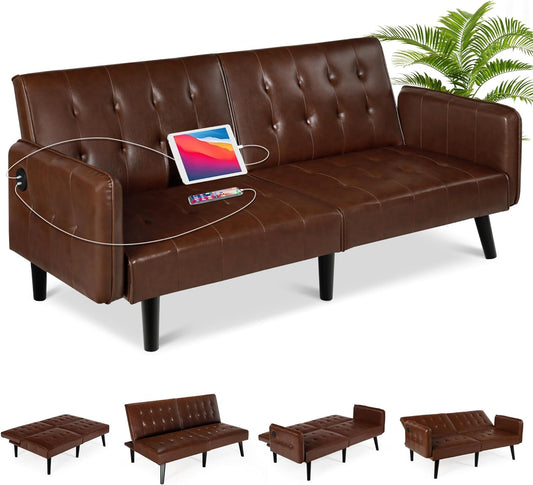 Coewske 63'' Leather Convertible Futon Sofa Bed Sleeper Tufted Folding Couch w/ 2 USB Charge Ports