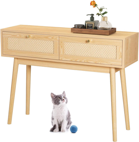 Coewske Kraft Woven Rattan Console Table Wood Narrow Entryway Table Accent Sofa Table w/ 2 Drawers