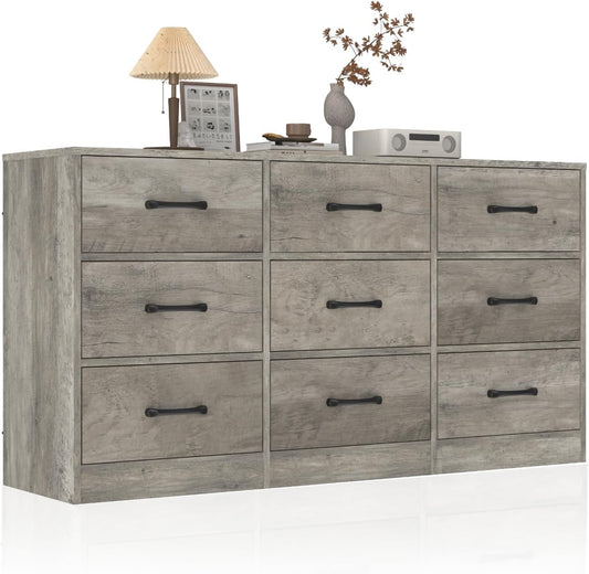 Coewske 9 Drawer Dresser 50'' Wood Dresser Chests of Drawers for Bedroom w/ Fabric Drawers Gray
