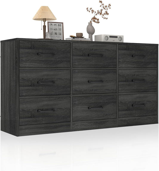 Coewske 9 Drawer Dresser 50'' Wood Dresser Chests of Drawers for Bedroom w/ Fabric Drawers Black