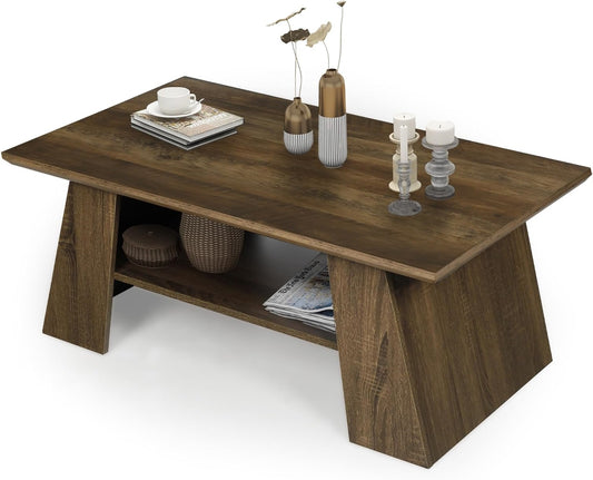 Coewske 2-Tier Coffee Table Wooden Center Table w/ Open Shelf Living Room Office Natural Oak