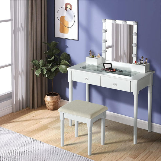 Coewske Makeup Vanity Table Set Dressing Vanity Desk & Stool Set w/ 3-Color Dimmable Lighted Mirror