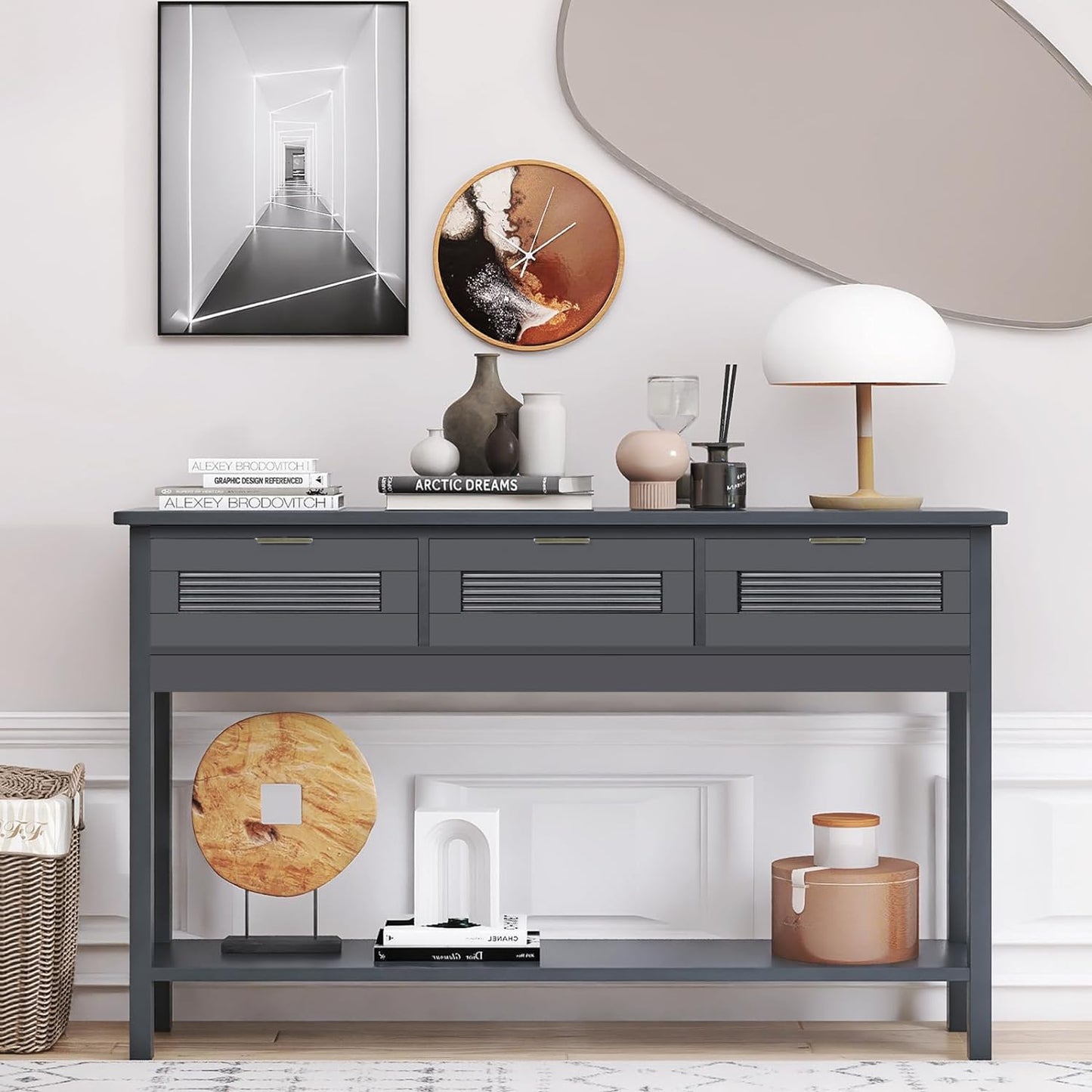 Coewske Narrow Entryway Console Table Long Sofa Table w/ 3 Glass Drawers Gray