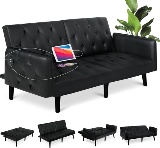 Coewske 63'' W Leather Convertible Futon Sofa Bed Tufted Folding Couch w/ 2 USB Charge Ports Black