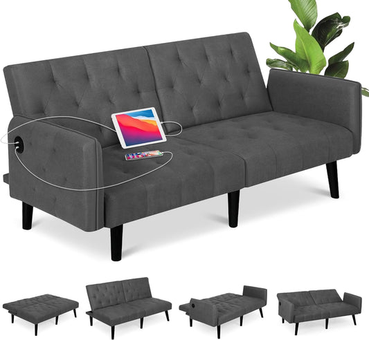 Coewske 63'' W Leather Convertible Futon Sofa Bed Tufted Folding Couch w/ 2 USB Charge Ports Gray