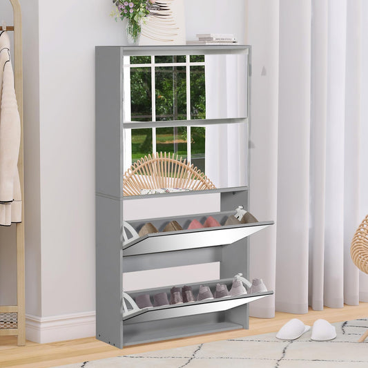 Coewske Entryway Slim Shoe Cabinet Shoe Rack Storage Organizer w/ Mirror 4 Flip Drawers Gray