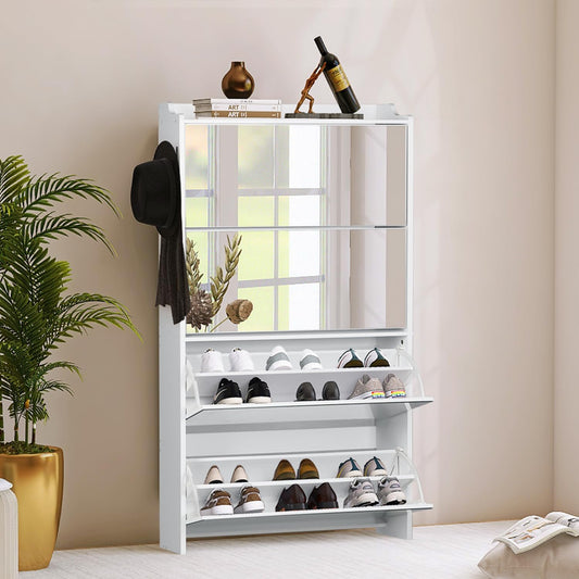 Coewske Mirrored Shoe Rack Organizer Slim Shoe Storage Cabinet for Entryway w/ 4 Flip Drawers